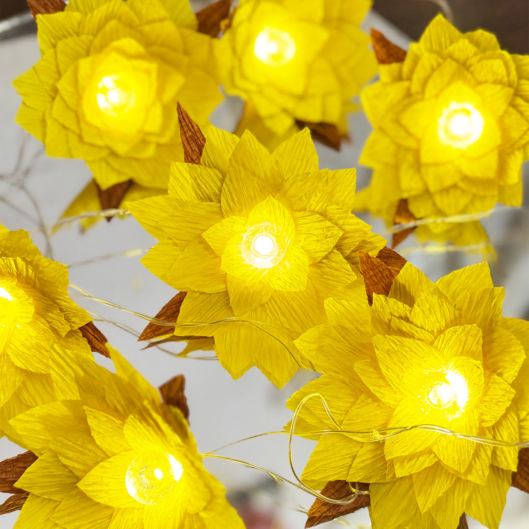 Handmade Phool Jhalar Crepe Paper Flower LED Fairy Light For Festive Decor - Yellow & Brown