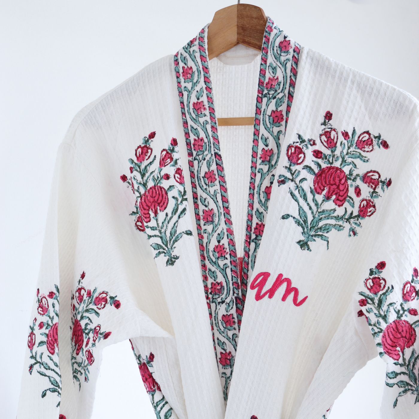 Buy Personalized Handmade Block Printed Pink Floral Cotton Bath Robes ...