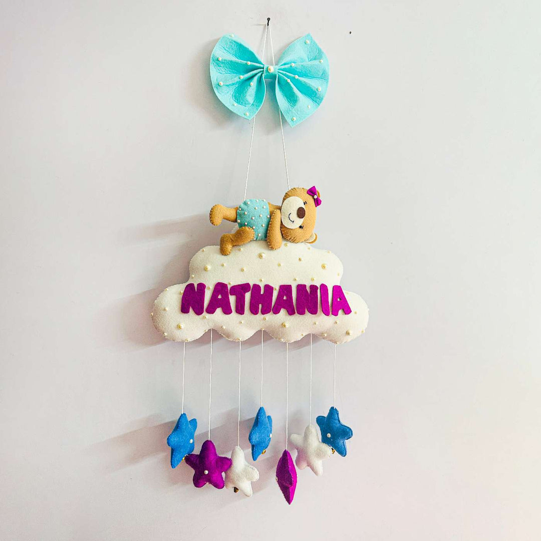Personalized Handmade Teddy On Cloud Theme Felt Kids Name Plate