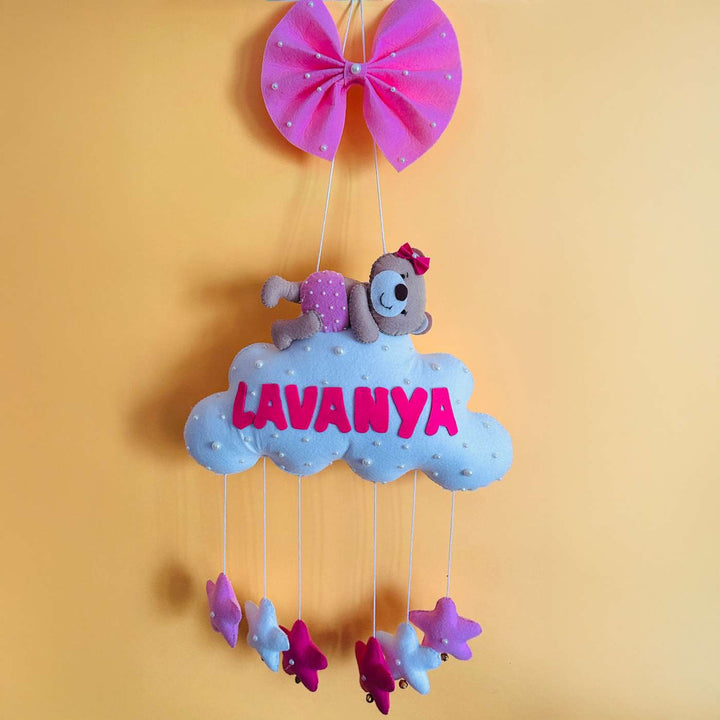 Personalized Handmade Teddy On Cloud Theme Felt Kids Name Plate