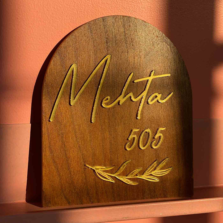 Small Minimal Arched Wooden Name Plate With 3D Acrylic Letters - Front View with Personalization Example