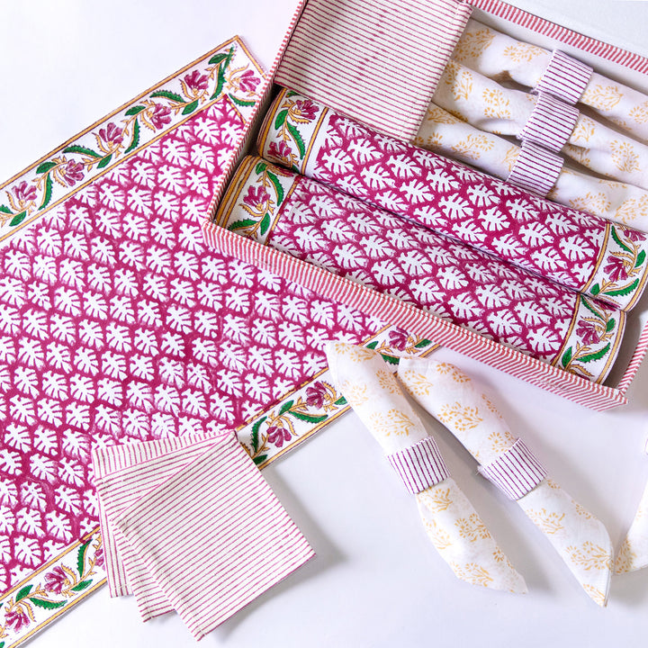 Pink Petals Hand Block Printed Table Linen Set