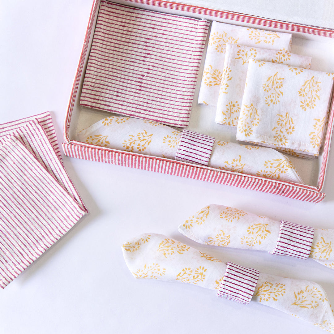 Pink Petals Hand Block Printed Table Linen Set