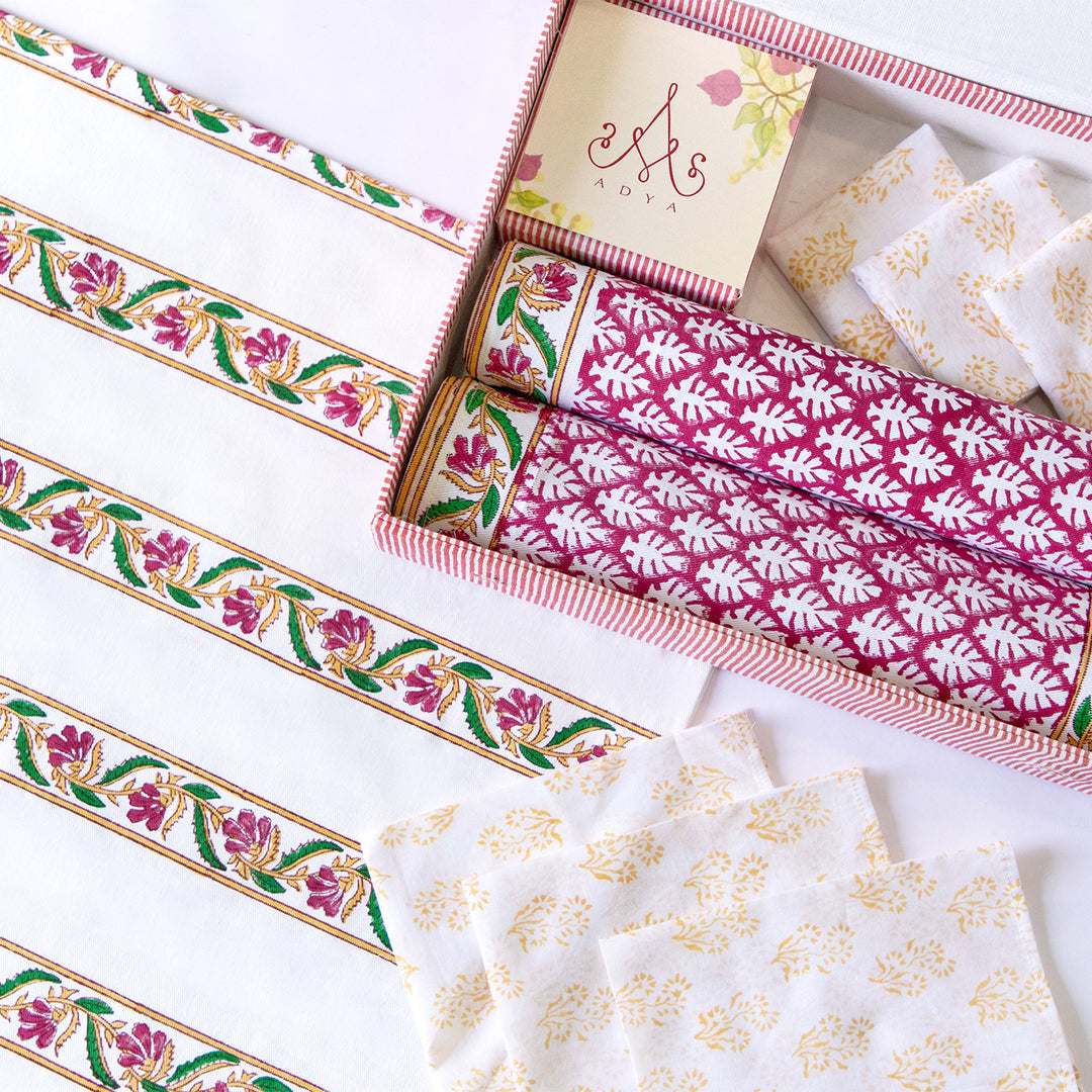 Pink Petals Hand Block Printed Table Linen Set