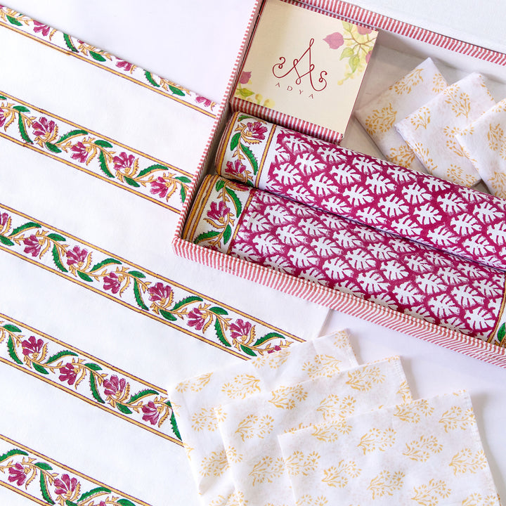 Pink Petals Hand Block Printed Table Linen Set