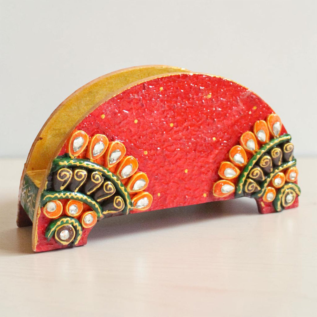 Paper Mache Red Handpainted Semicircle MDF Napkin Holder For Festive Dining
