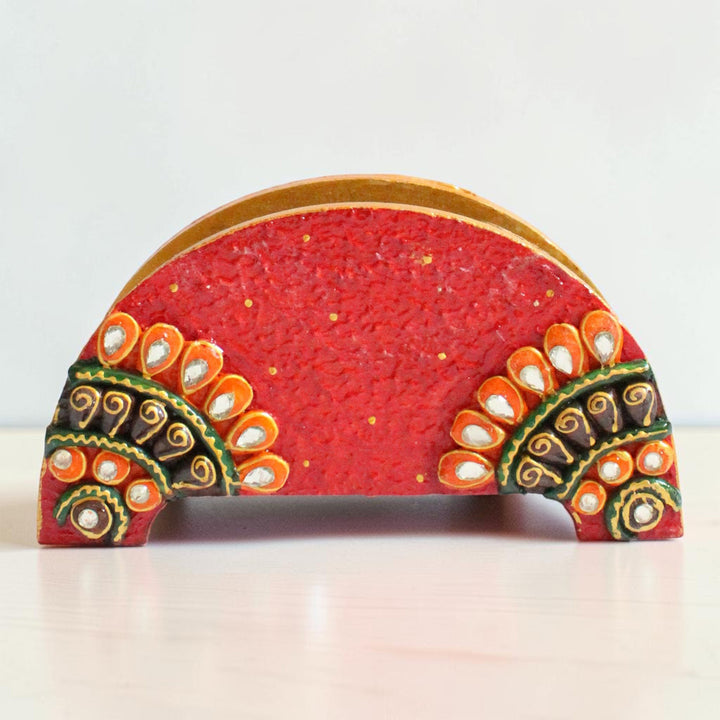 Paper Mache Red Handpainted Semicircle MDF Napkin Holder For Festive Dining
