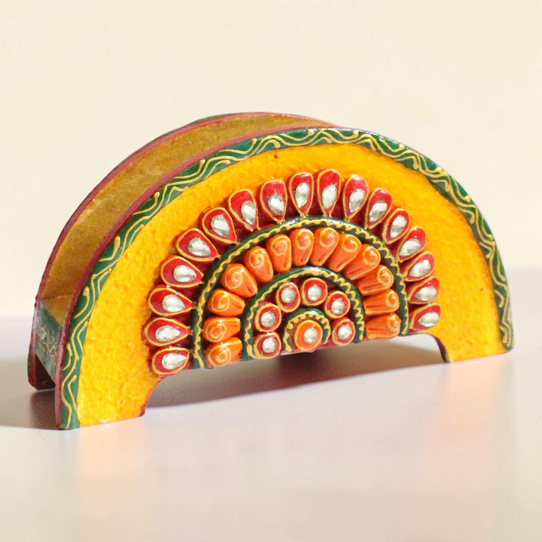 Paper Mache Yellow Handpainted Semicircle MDF Napkin Holder For Festive Dining