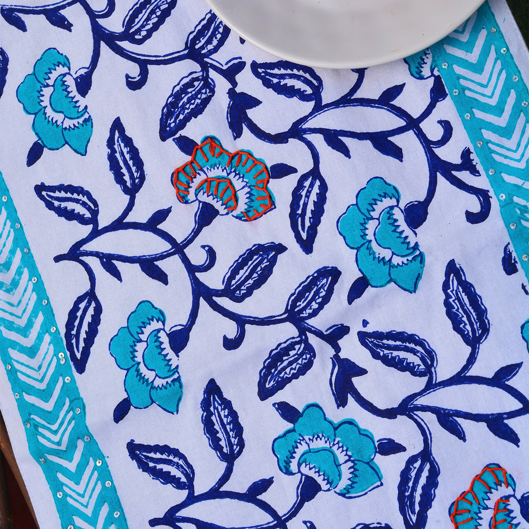 Blue And White Cotton Continual Floral Table Runner
