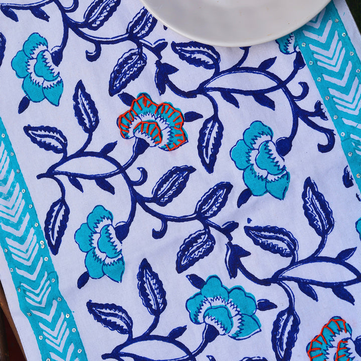 Blue And White Cotton Continual Floral Table Runner