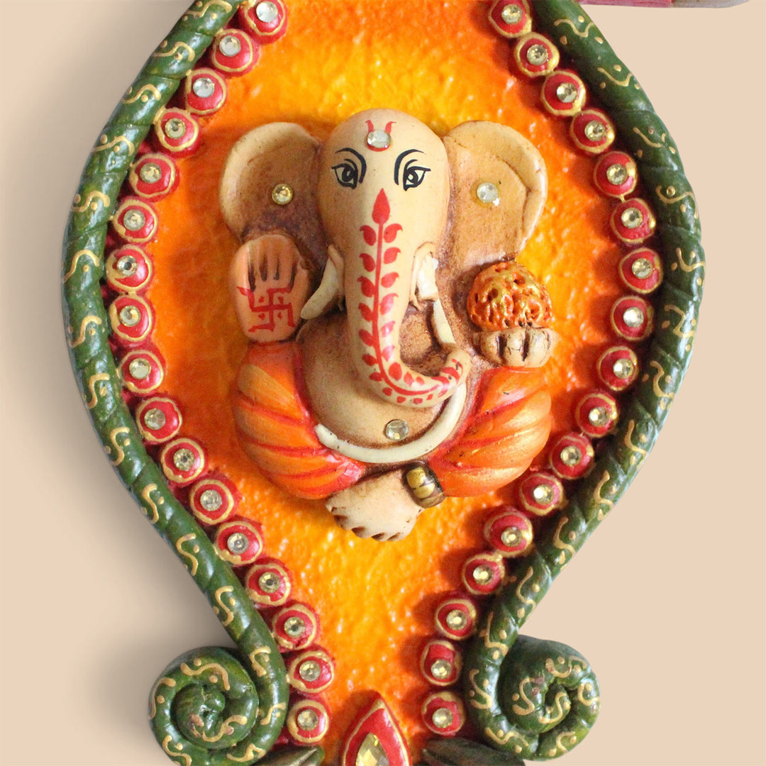 Pankhi Ganesh Handcrafted Paper Mache Wall Decor With Hook Mount For Pooja Room Decoration