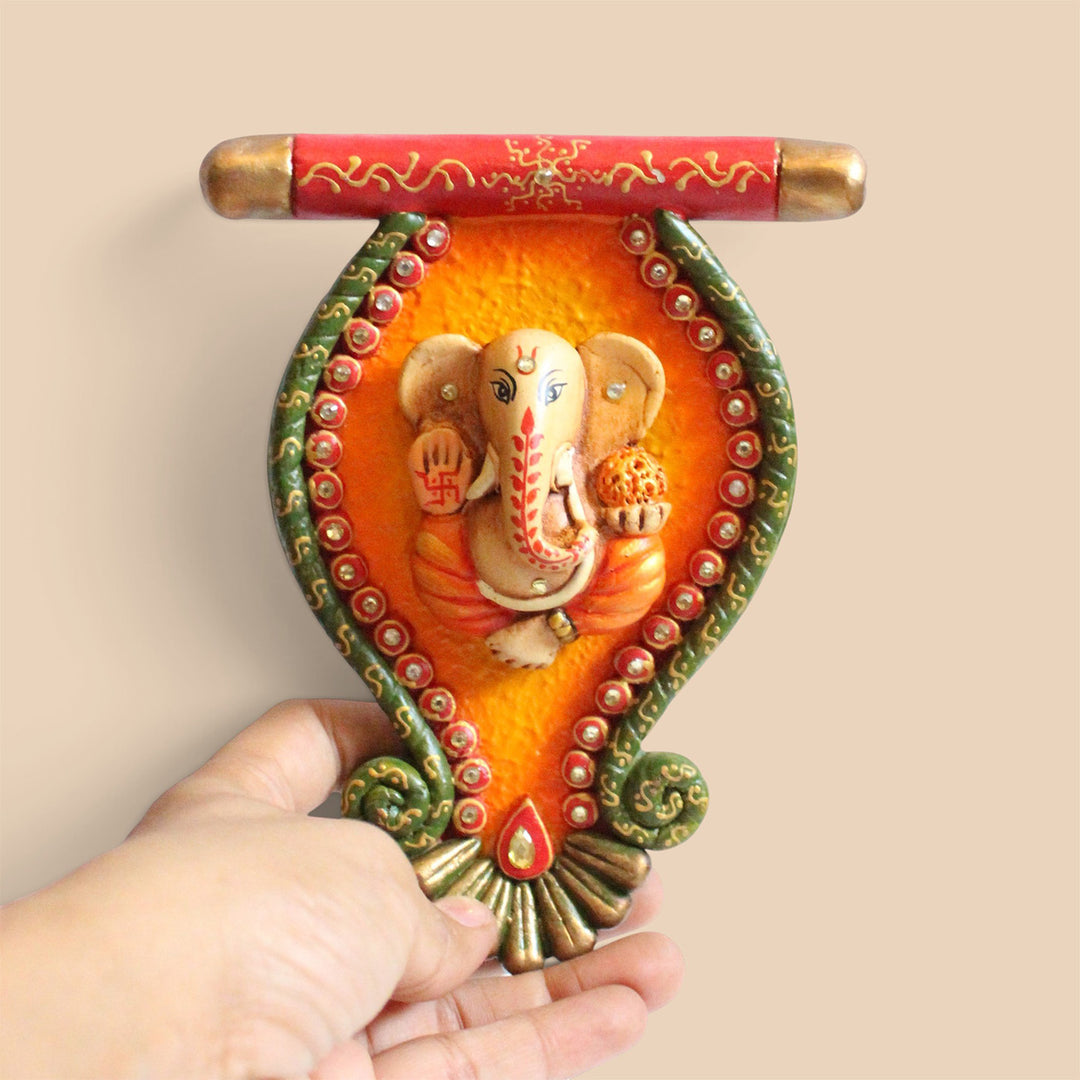 Pankhi Ganesh Handcrafted Paper Mache Wall Decor With Hook Mount For Pooja Room Decoration