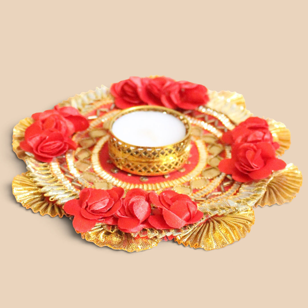 Red Flower Handmade Fabric-Wrapped MDF Tealight Candle Holder For Festive Decor