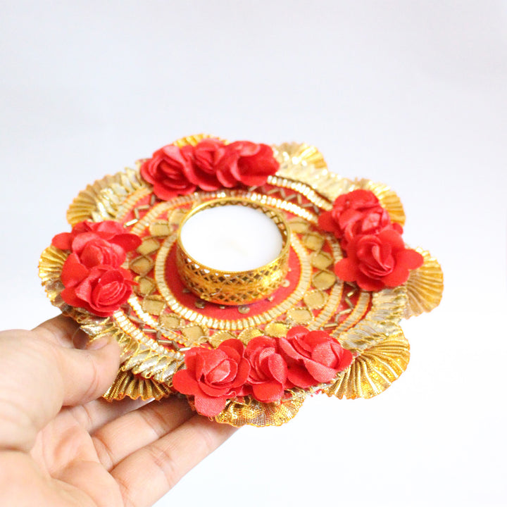 Red Flower Handmade Fabric-Wrapped MDF Tealight Candle Holder For Festive Decor