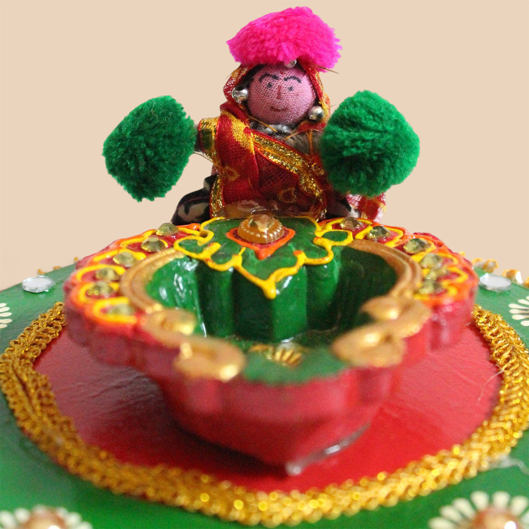 Puppet Handmade Fabric-Wrapped MDF Diya Thali For Pooja Room Decor