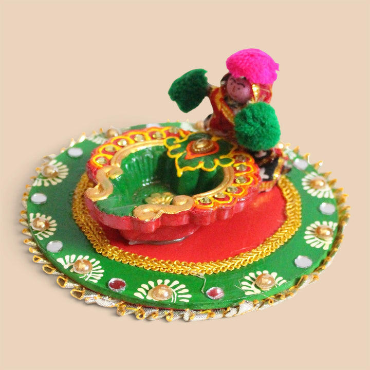 Puppet Handmade Fabric-Wrapped MDF Diya Thali For Pooja Room Decor