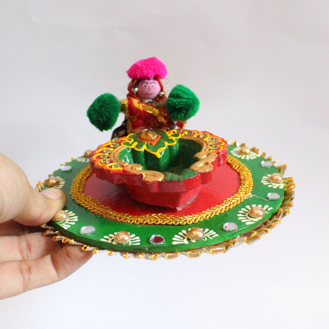 Puppet Handmade Fabric-Wrapped MDF Diya Thali For Pooja Room Decor