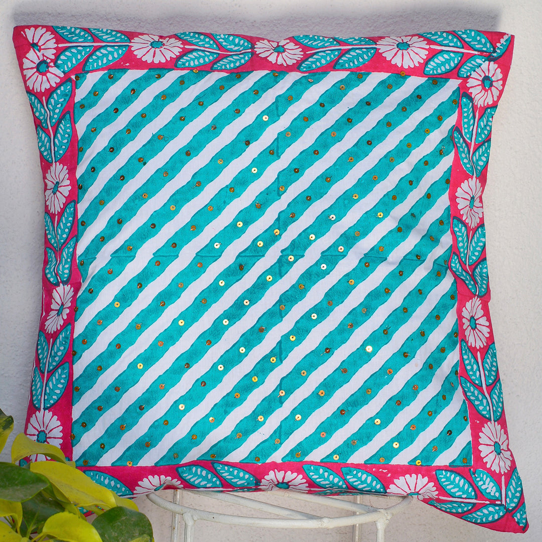 Blue Striped Floral Printed Cotton Cushion Cover