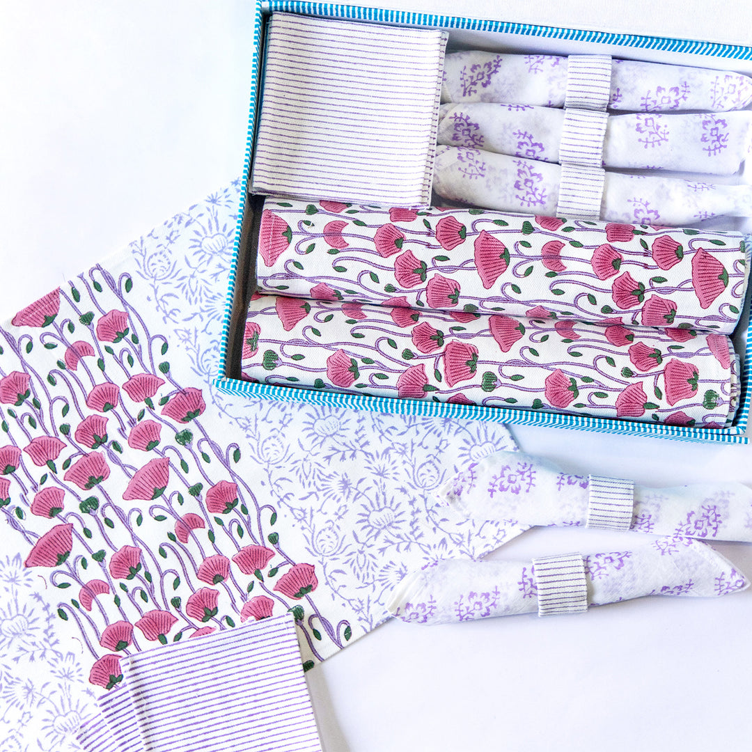 Purple Poppy Hand Block Printed Table Linen Set