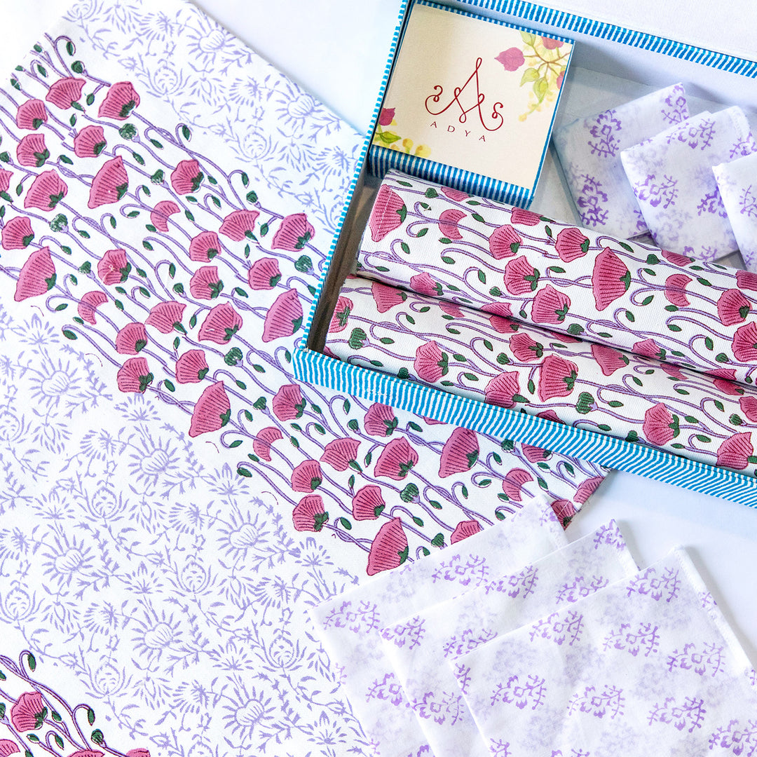 Purple Poppy Hand Block Printed Table Linen Set