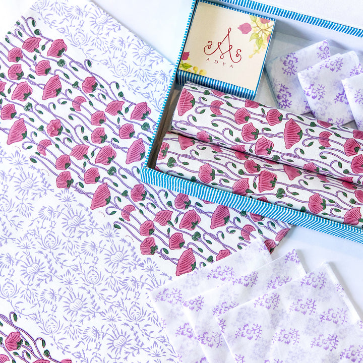 Purple Poppy Hand Block Printed Table Linen Set