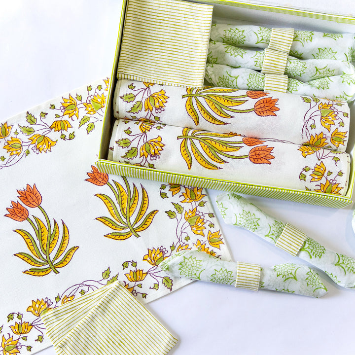 Orange Blossom Hand Block Printed Table Linen Set