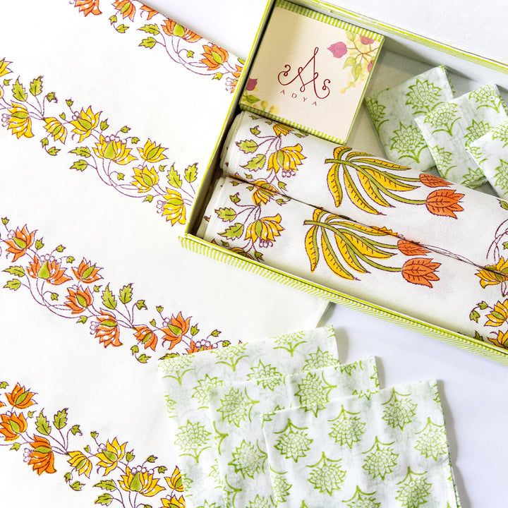 Orange Blossom Hand Block Printed Table Linen Set