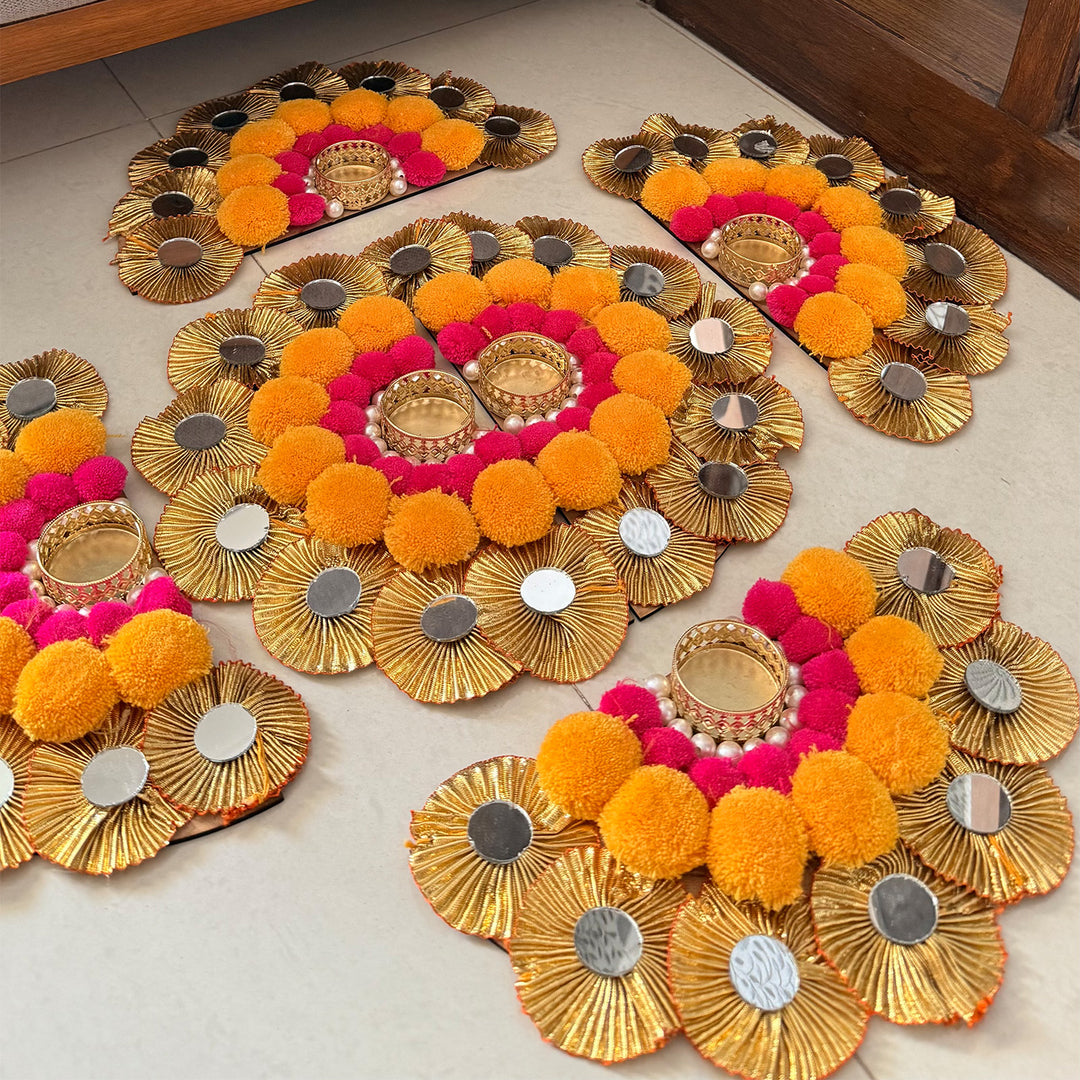 Set of 6 | Reusable Semi Circle MDF Wood Rangoli Mat With Pom Pom And Mirror Detailing For Staircase And Corner Festive Decor