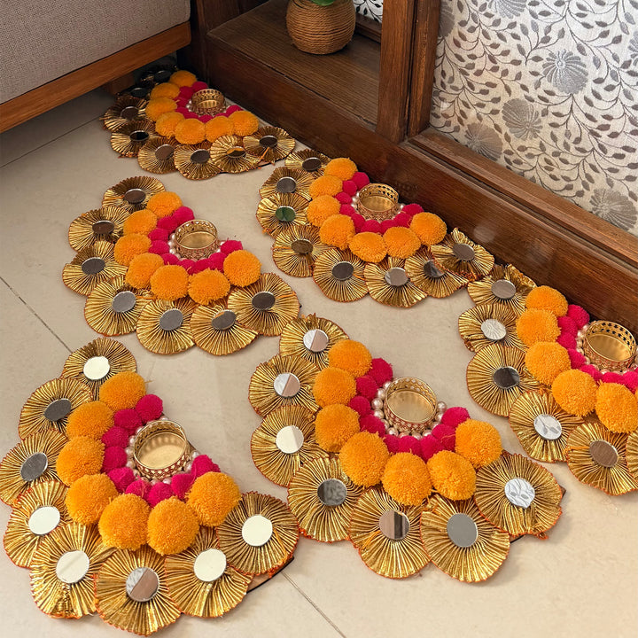 Set of 6 | Reusable Semi Circle MDF Wood Rangoli Mat With Pom Pom And Mirror Detailing For Staircase And Corner Festive Decor