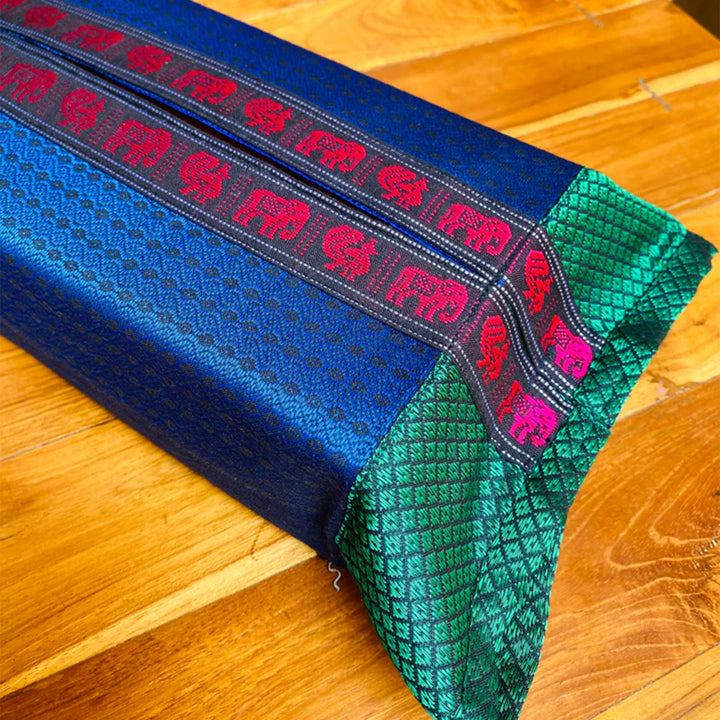 Handmade Blue Elephant & Peacock Motif Khunn Fabric Cotton Tissue Box Cover