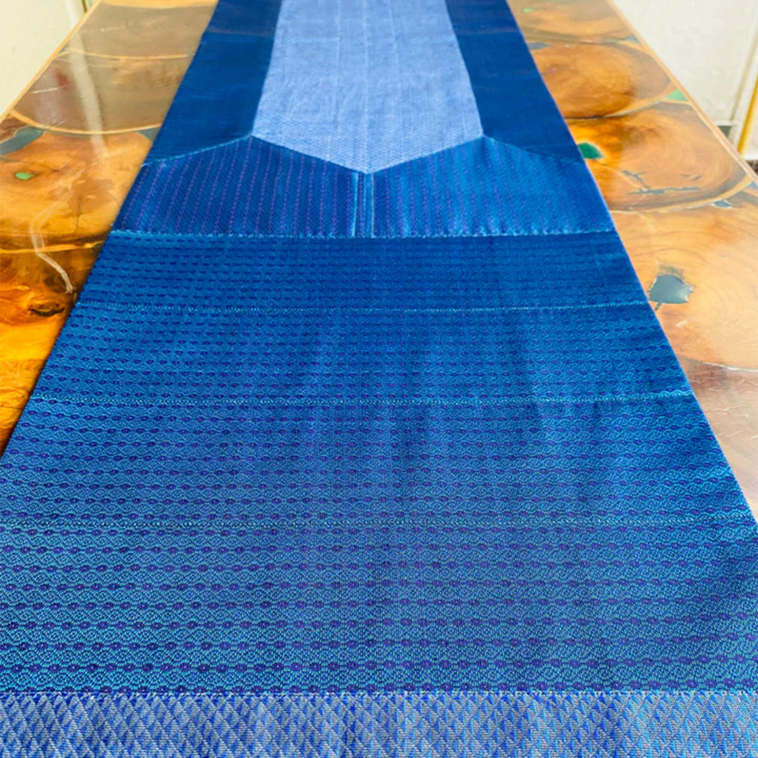 Handmade Blue Geometry Pattern Khunn Fabric Cotton Table Runner | 12 x 60 Inch