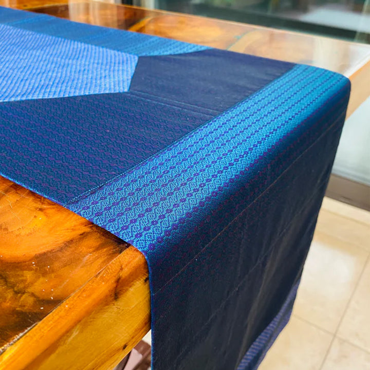 Handmade Blue Geometry Pattern Khunn Fabric Cotton Table Runner | 12 x 60 Inch