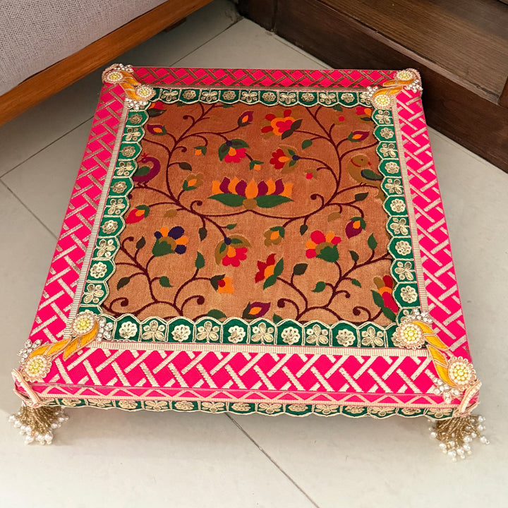 Paithani Silk Fabric Square Pooja Chowki For Home Temple Pooja Decor