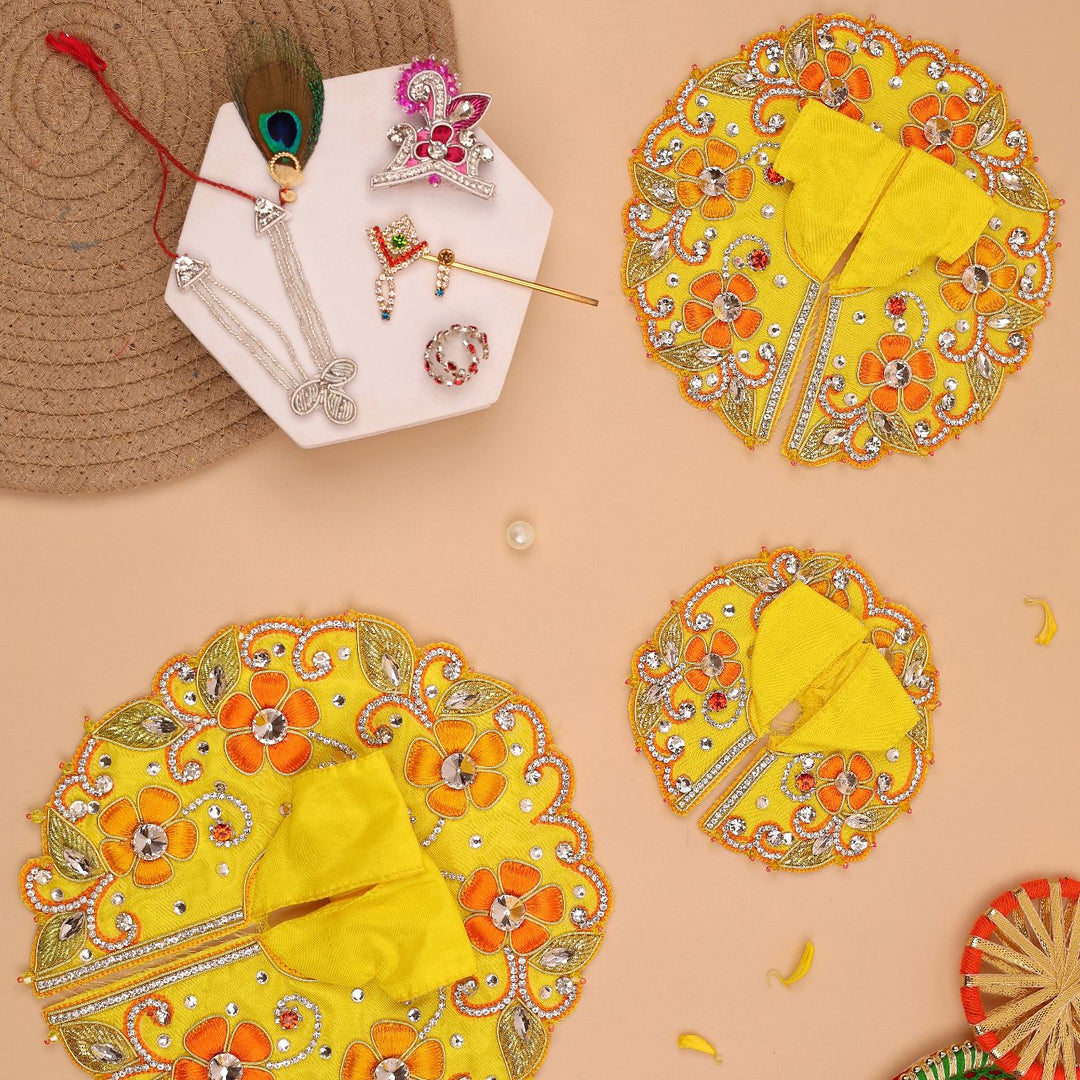 Hand Embroidered Zardozi Vrindavan Phool Bangla Inspired Art Silk Laddu Gopal Poshak (Dress)