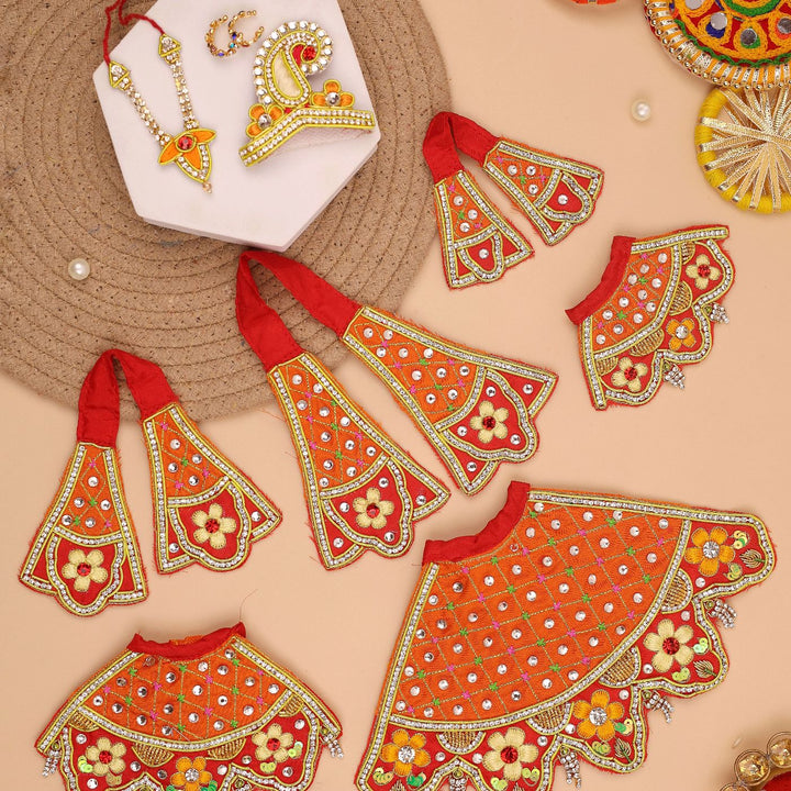 Hand Embroidered Zardozi Red Madhur Leela Art Silk Radha & Krishna Poshak (Dress)
