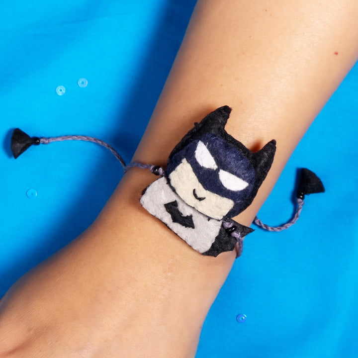 Hand Embroidered Batman Superhero Rakhi With Brooch Pin & Keychain For Brother