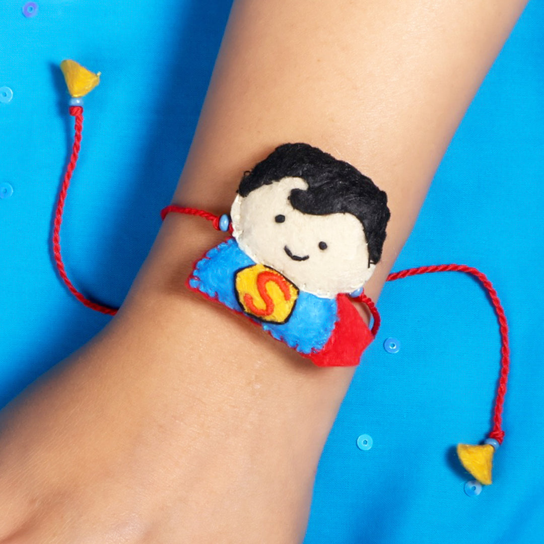 Hand Embroidered Superboy Rakhi With Brooch Pin & Keychain For Brother