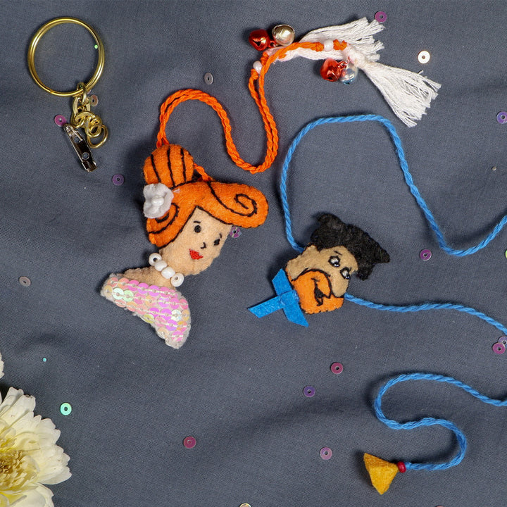 Hand Embroidered Fred & Wilma Couple Rakhi Lumba Set With Brooch Pin, Keychain & Magnet For Bhaiya Bhabhi
