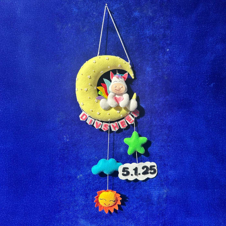 Personalized Handmade Unicorn on Moon Theme Felt Kids Name Plate With Date of Birth
