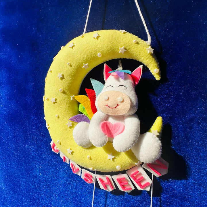 Personalized Handmade Unicorn on Moon Theme Felt Kids Name Plate With Date of Birth
