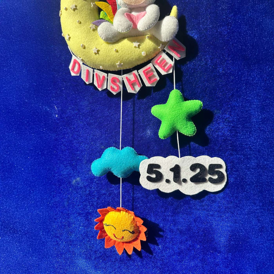 Personalized Handmade Unicorn on Moon Theme Felt Kids Name Plate With Date of Birth
