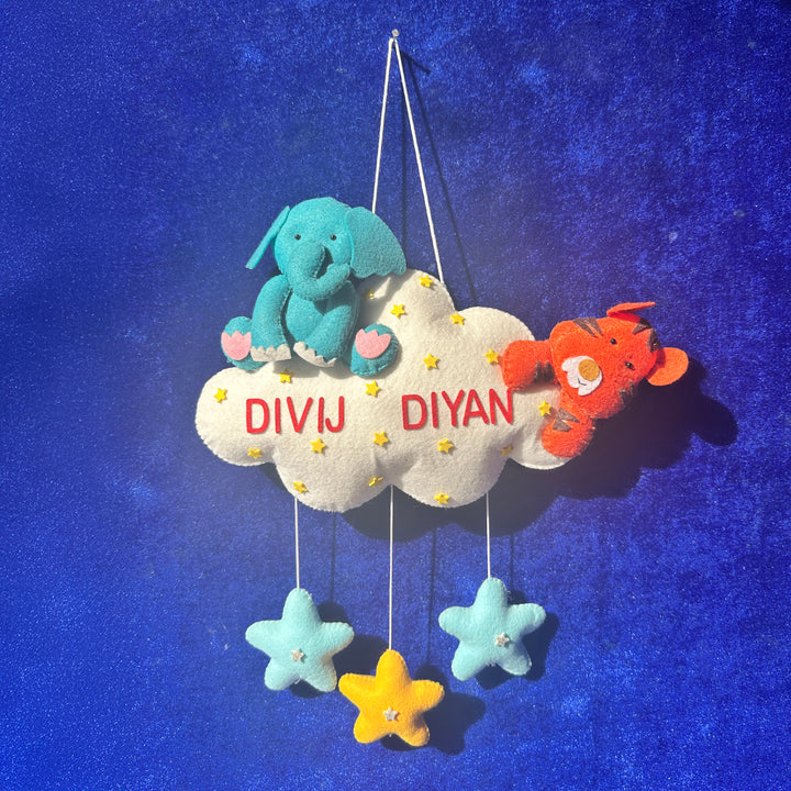 Personalized Handmade Elephant Theme Felt Kids Name Plate For Siblings