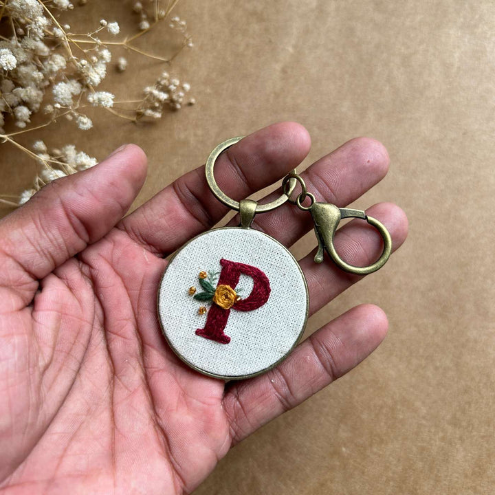 Personalized Handmade Embroidered Monogram And Flowers Metal Keychain