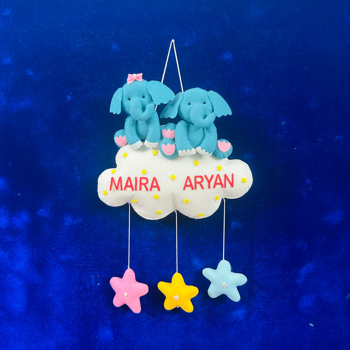 Personalized Handmade Elephant Theme Felt Kids Name Plate For Siblings