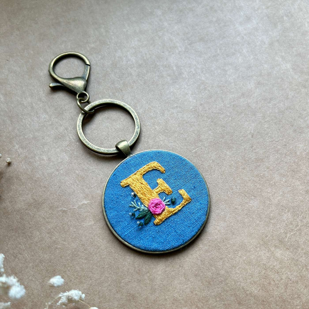 Personalized Handmade Embroidered Monogram And Flowers Metal Keychain