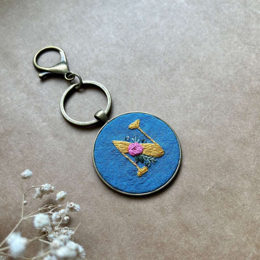 Personalized Handmade Embroidered Monogram And Flowers Metal Keychain
