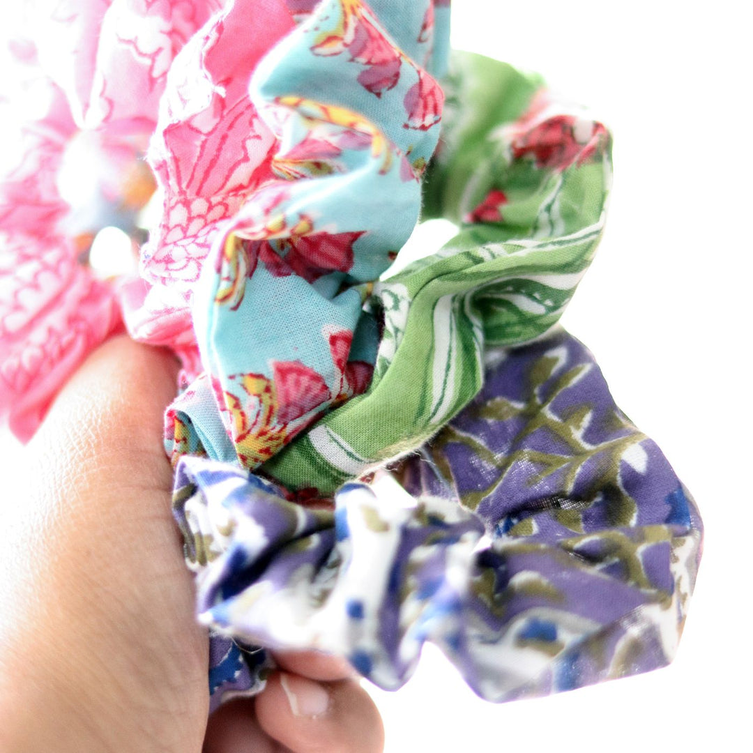 Assorted Handmade Block Printed Soft & Stretchy Cotton Scrunchies | Set Of 10
