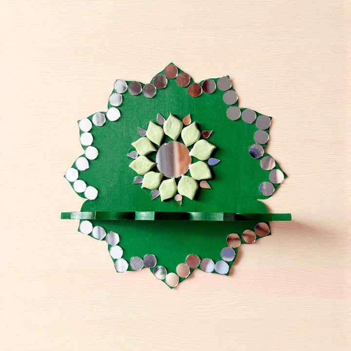 Hand-Painted Mirror Work Green Shimmer MDF Wood Tealight Holder