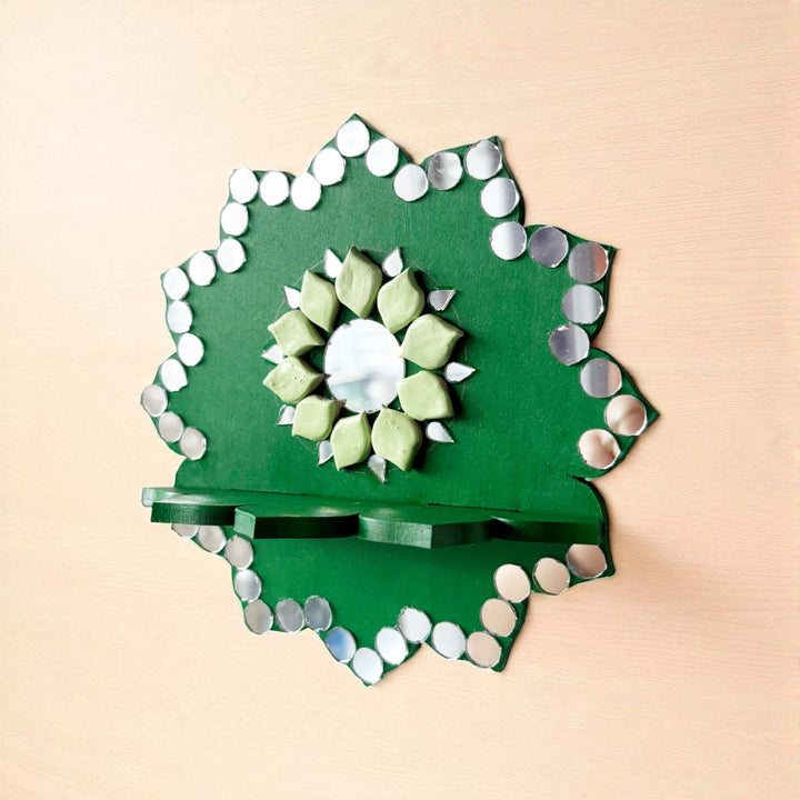 Hand-Painted Mirror Work Green Shimmer MDF Wood Tealight Holder