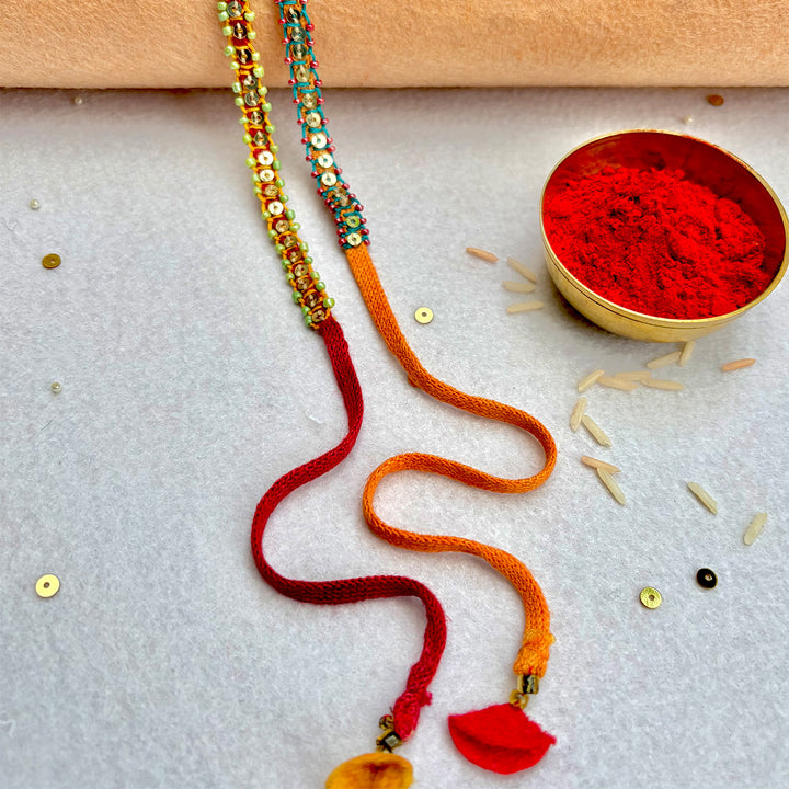 2 Pc | Hand Embroidered Blanket Stitch Rakhis With Roli Chawal For Brother